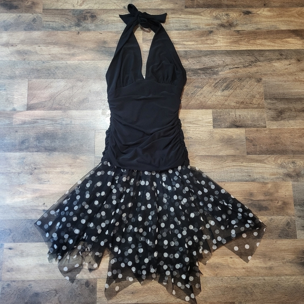 Vintage Y2K Studio Y Black & White Polka-Dot Tutu Stretch Halter Mini Dress  S